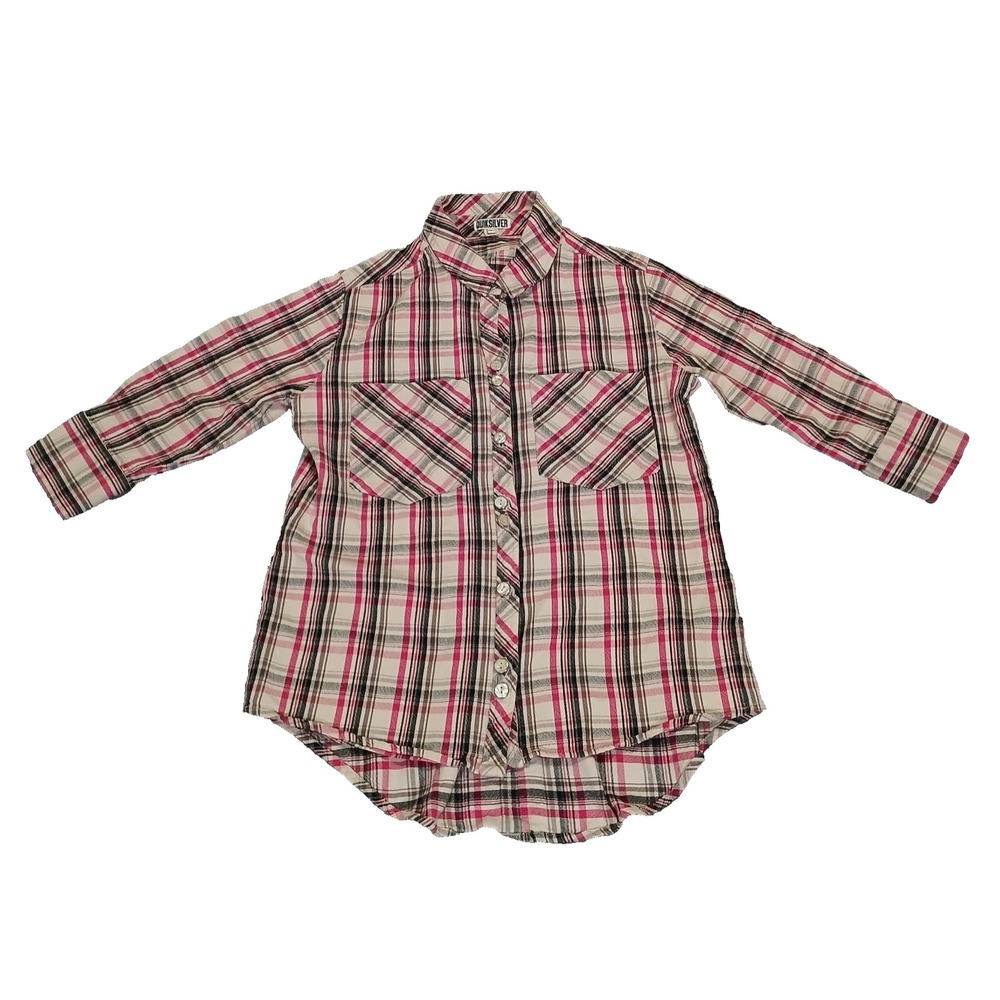 Quiksilver Womens  Button Up Plaid Top Shirt 3/4 Sleeves‎ Pink Size XS
